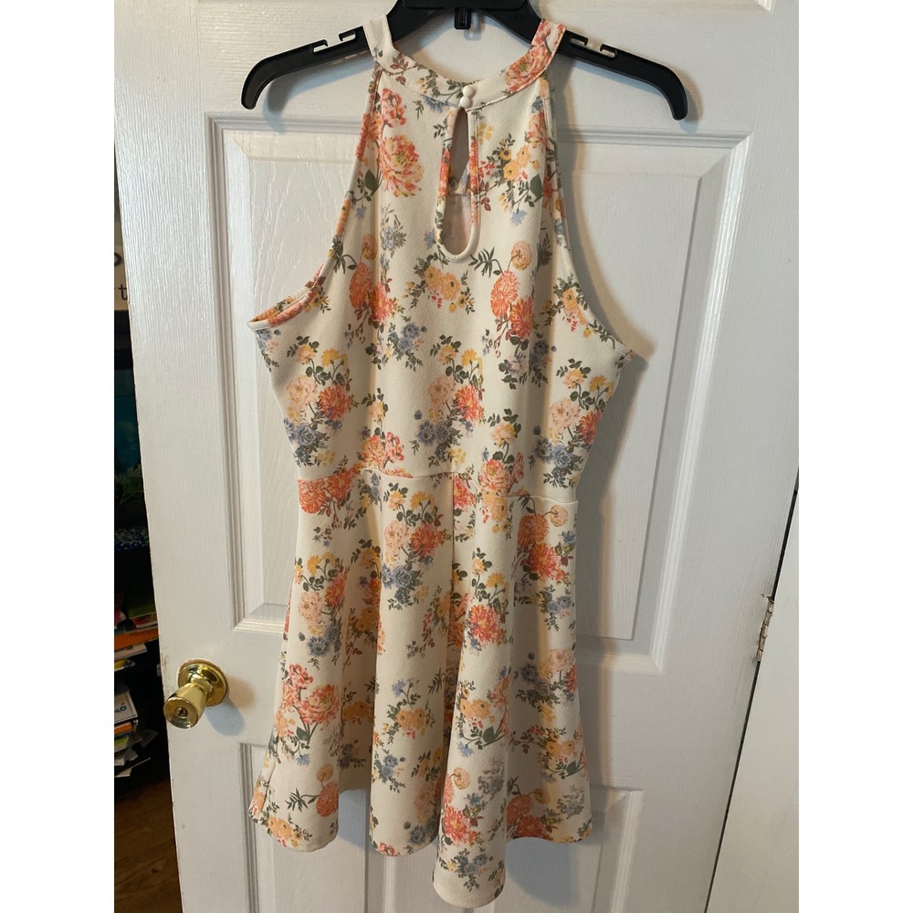 No Boundaries Floral Halter Skater Dress XXL 19 Cream Orange Lattice Neckline - Picture 3 of 3